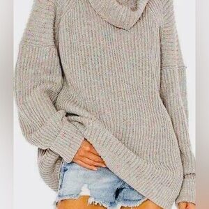 COPY - Free People Gray Chunky Crochet Knit Cowl Neck Rainbow Confetti Sweater